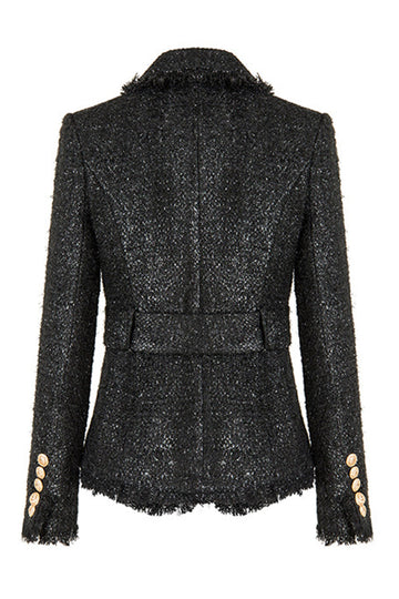 Svart Tweed Notched Lapel Women jakke med belte